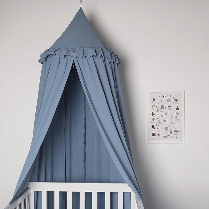 Kids Bed Canopy with Frills Cotton Cover Net for Crib Reading Nook Curtain Hideaway Hanging Round Tent Nursery Bedding Play Room Decor