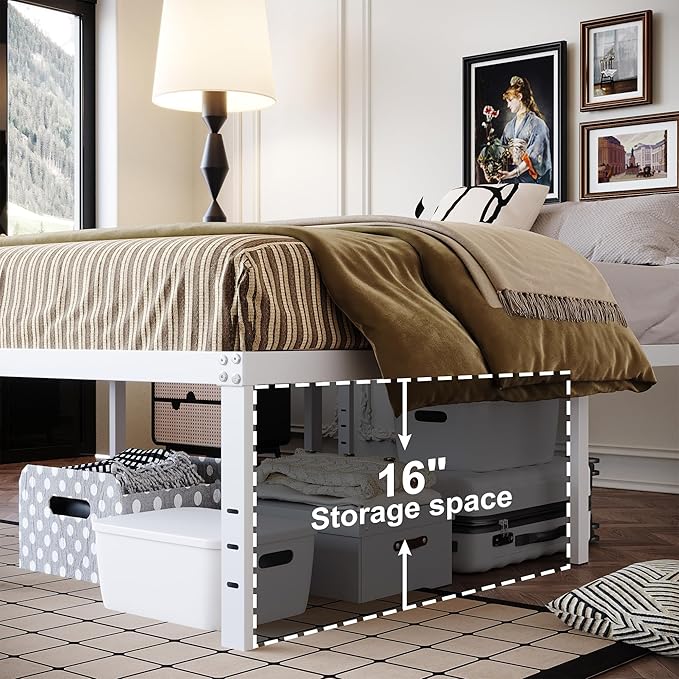 18 Inch Twin Bed Frame Heavy Duty No Box Spring Needed Metal Platform with Maximum Storage, Easy Assembly, Noise Free, White
