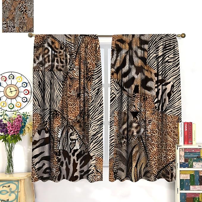 Leopard Print Curtains, Brown Wild Cheetah Zebra Animal Fur Farmhouse Window Curtains for Bedroom Kitchen Living Room 52" W X 84" L