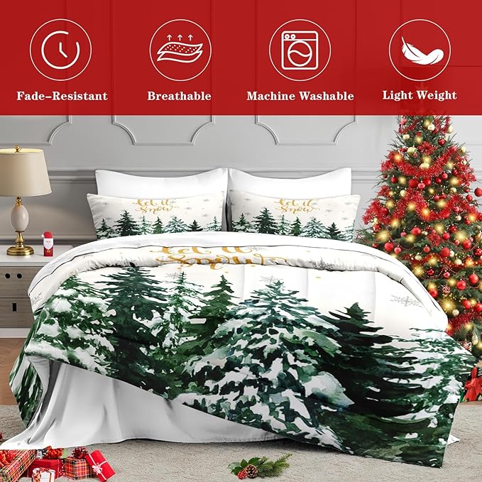 7 Pcs Queen Size Christmas Comforter Set with 2 Pillowcases & 2 Shams, Countryside Nature Snowy Bedding for Kids and Adults, Winter Forest Green Pine Tree Bed in a Bag with Flat Fitted Sheet