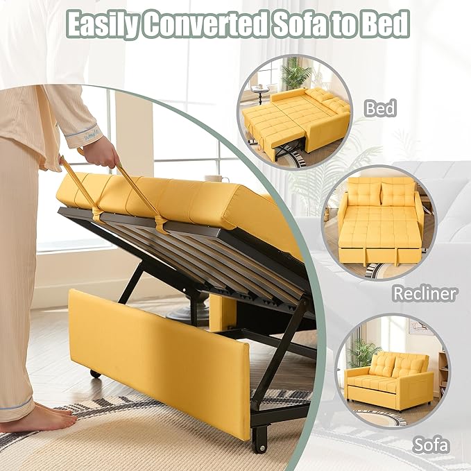 52" Sleeper Sofa with Pull-Out Bed, 3-in-1 Convertible Sofa Bed, Loveseat with Stepless Adjustable Backrest and Side Pocket, for Living Room Dorm Apartment, Linen, Yellow