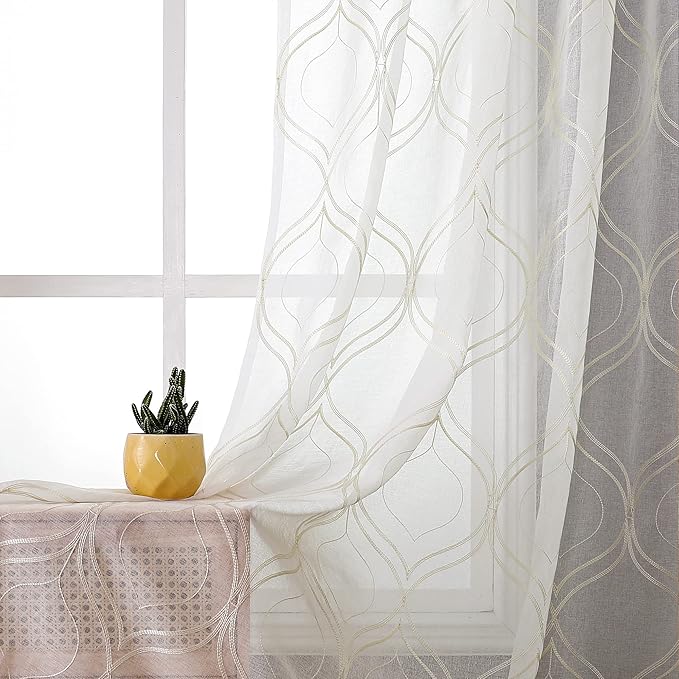 VISIONTEX White Sheer Curtains 84 Inches Long 2 Panels Set Beige Moroccan Embroidered Curtains Trellis French Textured Rod Pocket Voile Tulle Semi Window Drapes for Bedroom Living Room 54 x 84 Inches