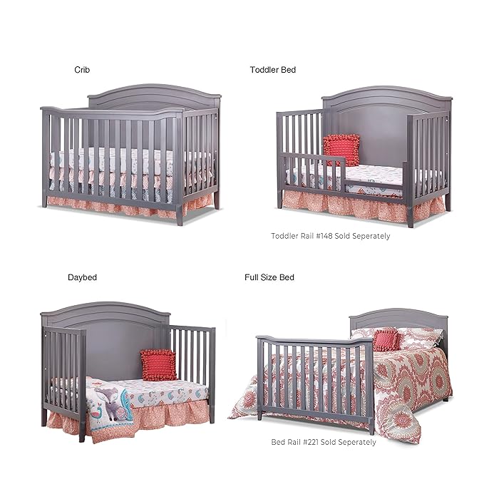 SORELLE FURNITURE Berkley Round Top Crib, Classic 4-in-1 Convertible Crib, Made of Wood, Non-Toxic Finish, Wooden Baby Bed, Toddler Bed, Child’s Daybed and Full-Size Bed, Nursery Furniture-Gray