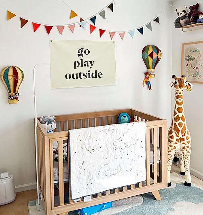 Nursery Rectangular Canvas Banner Wall-Hanging Flag Wall Art Decor for Baby Boy Girl,Kids Room Playroom Bedroom Game Room Kindergarten Decor,Birthday Christmas Gift-Go Play Outside-28.5"L×20"W