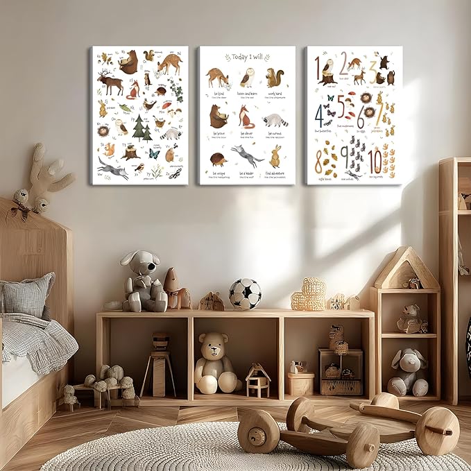3Pcs Animal Alphabet Numbers Canvas Wall Art Classroom Nursery Painting Educational ABC Poster Prints Kids Playroom Picture Positive Affirmations Animal Wall Decor for Boy Girl Room 12x16in Framed