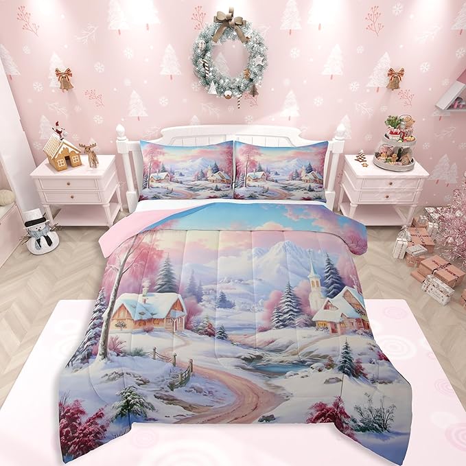 Feelyou Merry Christmas Kids Comforter Set Toddler Size Village Barn Bedding Set Winter Snowscape Duvet Quilt for Kids Boys Girls Bedroom Pine Tree Decor Microfiber Ultra Soft Breathable