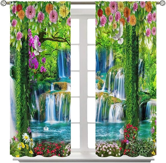 Jungle Nature Blackout Window Curtains, Trees Scenic Waterfall and River Spring Pattern Print Window Drapes, for Living Room Bedroom 42x63in 2 Panels