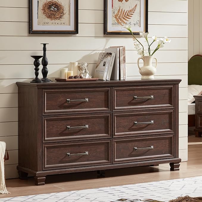 Farmhouse Bedroom Dresser and Nightstand Set of 4, 6 Drawer Low & 5 Drawers Dresser & 2 Drawer Nightstand Set, Rustic Wood Furniture Set for Bedroom, Hallway, Walnut