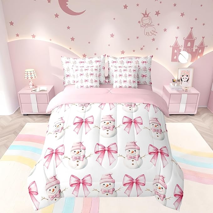 7 Pieces Cartoon Snowman Kids Comforter Queen,Pink Bowknot Bow Tie Princess Toddler Bedding Set,Merry Christmas Xmas Bow New Year（Comforter+Fitted+Flat Sheet+2 Pillowcases+2 Throw Pillow Covers）