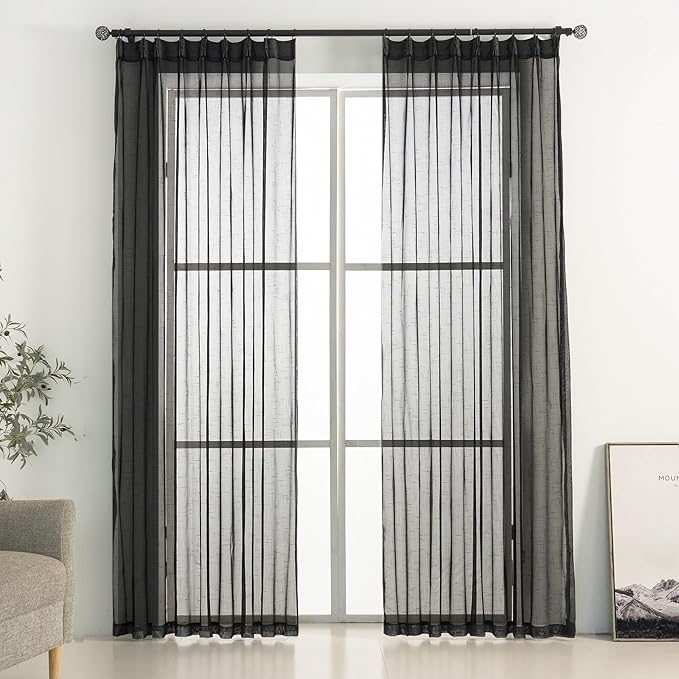 Black Linen Look Pinch Pleated Sheer Curtains 84 Inches Long 2 Panels, 50 Inches Width, Rustic Textured Light Filtering Drapes, Dark Moody Window Curtain with Hooks