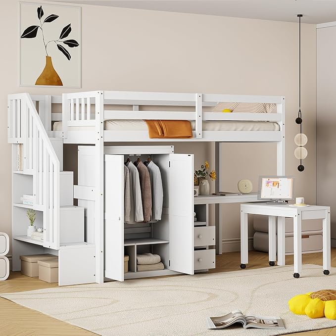 Merax Kids Twin Multifunction Loft Bed with Desk/Wardrobe, Wood Storage Loft Bed with Staircase, Bookshelf & Drawers, No Box Spring Needed, Space Saving, White