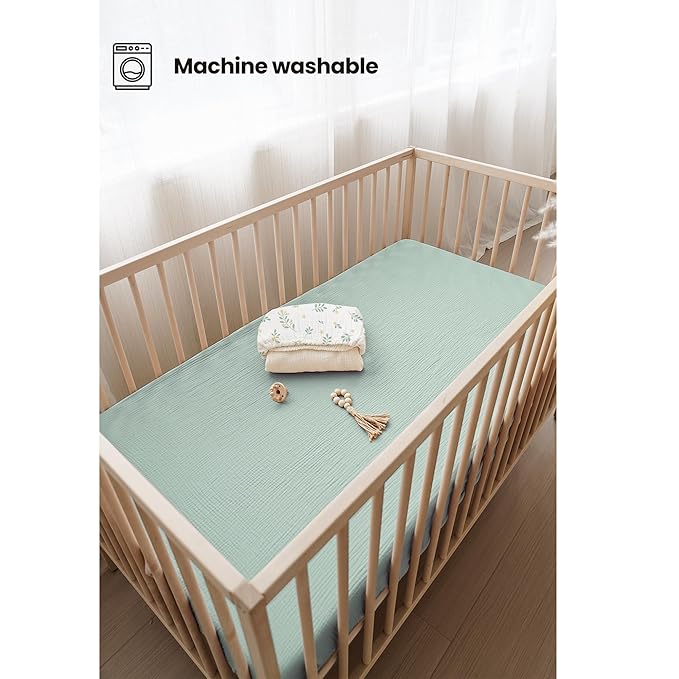 Konssy Muslin Crib Sheets for Boys, Soft Cotton Neutral Baby Sheets for Standard Crib Mattress 2 Pack, 52"x28" (Leaf,Green)