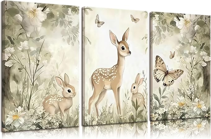 3Pcs Woodland Animal Nursery Canvas Wall Art Cute Forest Animal Wall Decor Pictures Deer and Butterfly Wildflowers Posters Prints for Nursery Bedroom Kids Room Home Decoration Prepare to Hang 16x24in