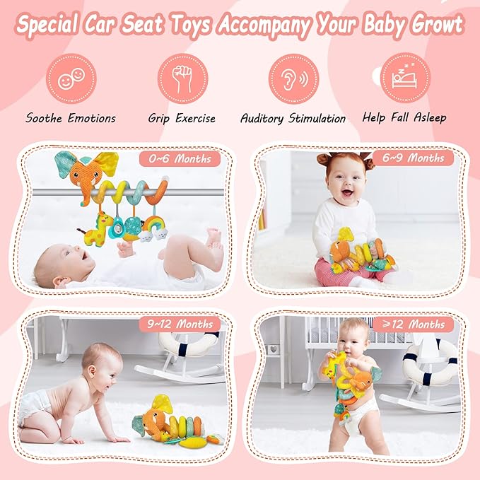 FATI Car Seat Toys for Babies 0-6 Months, Sensory Toys with Squeaker Teether Rattles, Ideal Gifts