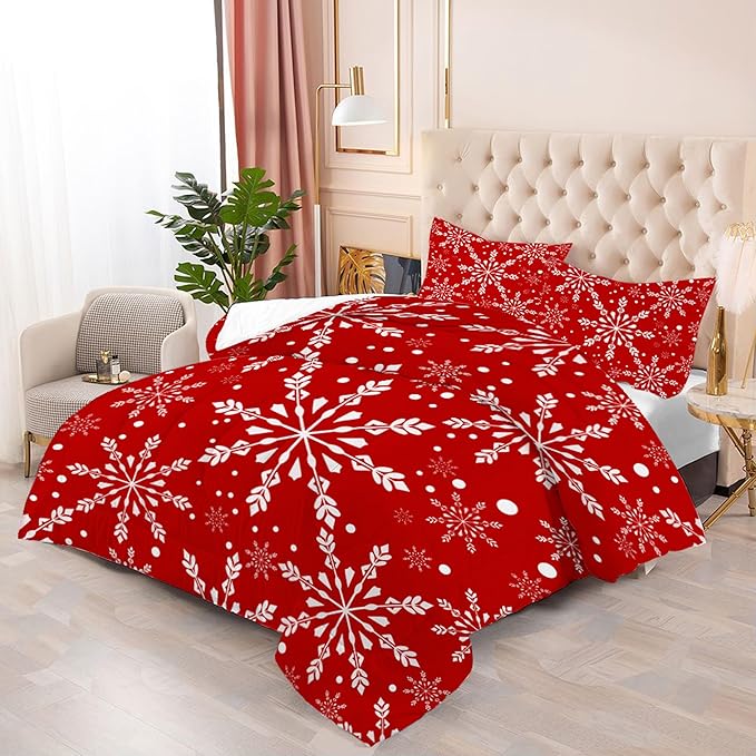 Comforter Set Christmas Snowflakes: Full Size Xmas White Snowflake Red Bedding Sets for Teens Girls Kids Women Adults Winter Festival Bedroom Decor 3 Piece Quilt Bed Set