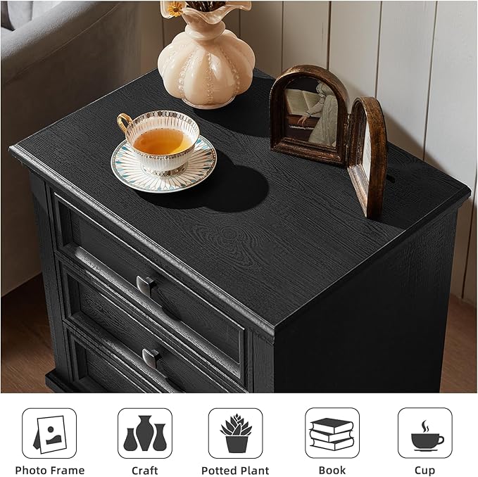 Farmhouse Bedroom Dresser and Nightstand Set of 4, 6 Drawer Tall & Low Dresser & 3 Drawer Nightstand Set with Wooden Legs, Rustic Wood Furniture Sets for Bedroom, Hallway, Black