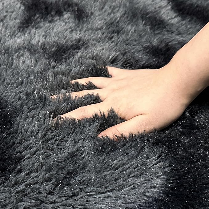 5 ft Round Fluffy Black Rug for Bedroom,Tie Dyed Furry Round Carpet Non Slip Fuzzy Shaggy Plush Circle Area Rug for Living Room Teen's Room Nursery Room Playroom Kids Room Home Decor Washable