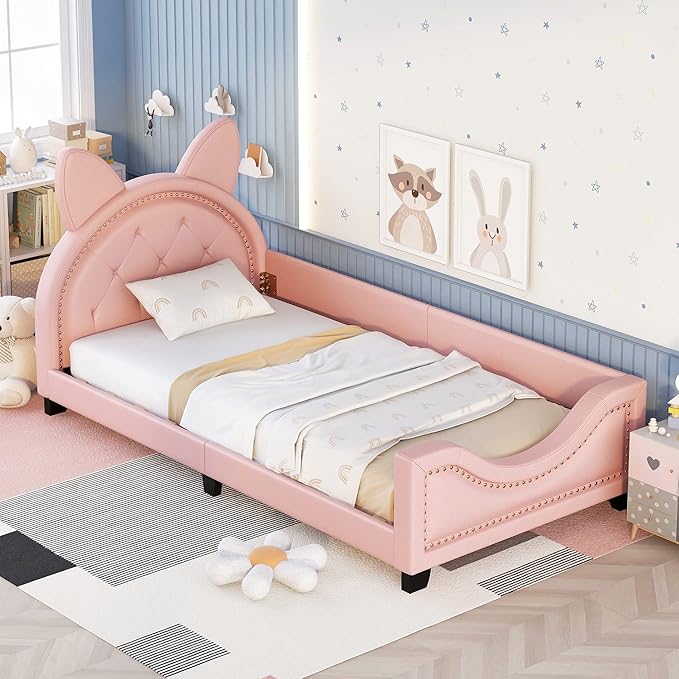 Merax Cute Twin Daybed Frame for Kids with Carton Ears Shaped Headboard, PU Leather Sturdy Kids Daybed Upholstered Twin Beds for Girls, Sofa Bed Low Profile Single Bed, Pink