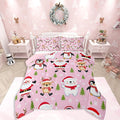 Feelyou Pink Christmas Bedding Set Soft for Boys Girls, Santa Claus Comforter Set Full Size Penguin Deer Duvet Quilt Microfiber Xmas Snowflake Tree Bedroom Decor 3 Pcs with 2 Pillow Cases