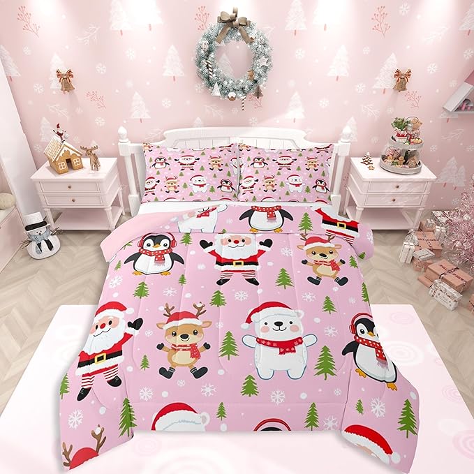 Feelyou Pink Christmas Bedding Set Soft for Boys Girls, Santa Claus Comforter Set Toddler Size Penguin Deer Duvet Quilt Microfiber Xmas Snowflake Tree Bedroom Decor 2 Pcs with 1 Pillow Cases
