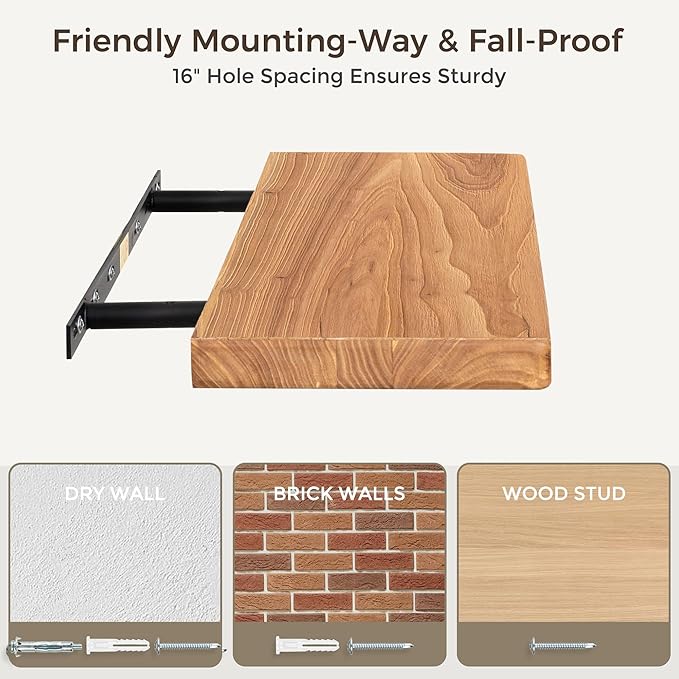 Fun Memories 48 Inch Floating Shelves for Wall, Solid Elm Wood Wall Shelf for Home Decor, Heavy-Duty Hardwood Floating Shelf for Bedroom, Bathroom, Living Room, Set of 1