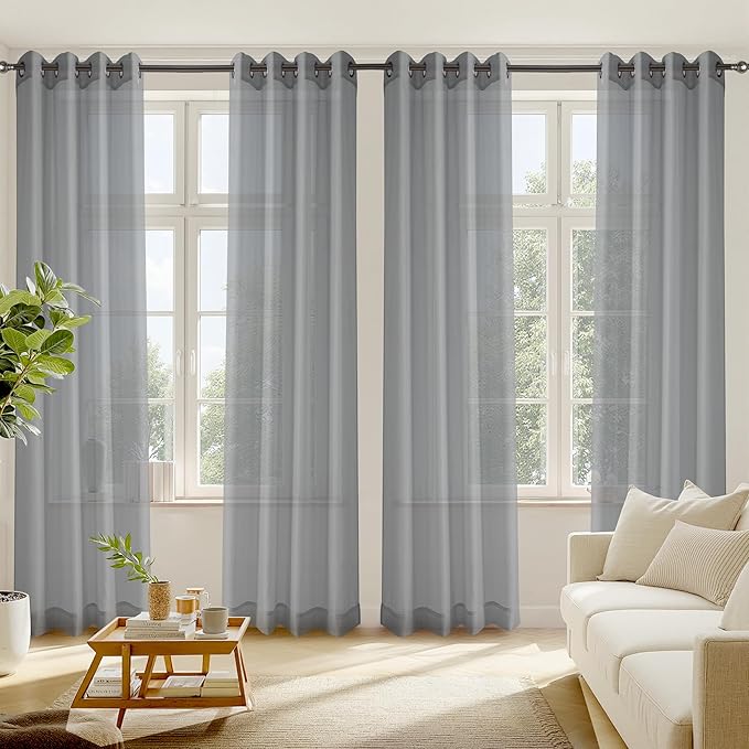 RYB HOME Gray Sheer Curtains, Light Filtering Elegant Solid Grommet Top Vertical Panels, Airy & Breathable Voile Sheer Drapes for Large Window, Living Room, Bedroom, 54W by 90L, Set of 4