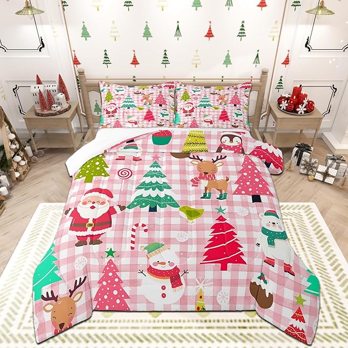 Castle Fairy Merry Christmas Kids Comforter Set Twin Size,Cartoon Xmas Style Cute Animals Bedding Set for Kids Boys Men,Santa Claus Pine Trees Pink Checkered Quilted Duvet Set with 1 Pillowcase
