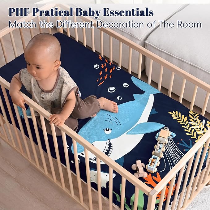 PHF 4 Pack Soft Shark Crib Sheets Fitted, Comfy Breathable Baby Sheets for Boys Girls, 28x52 Inches Fits Standard Crib and Toddler Mattresses, Shark