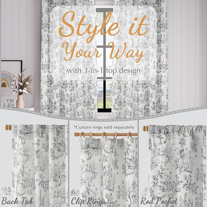 jinchan Linen Nursery Curtains 84 inch Long Woodland Wildlife Black Print Drapes for Kid's Room Light Filtering French Country Farmhouse Curtains with Bunny and Forest Design Set of 2 Panels