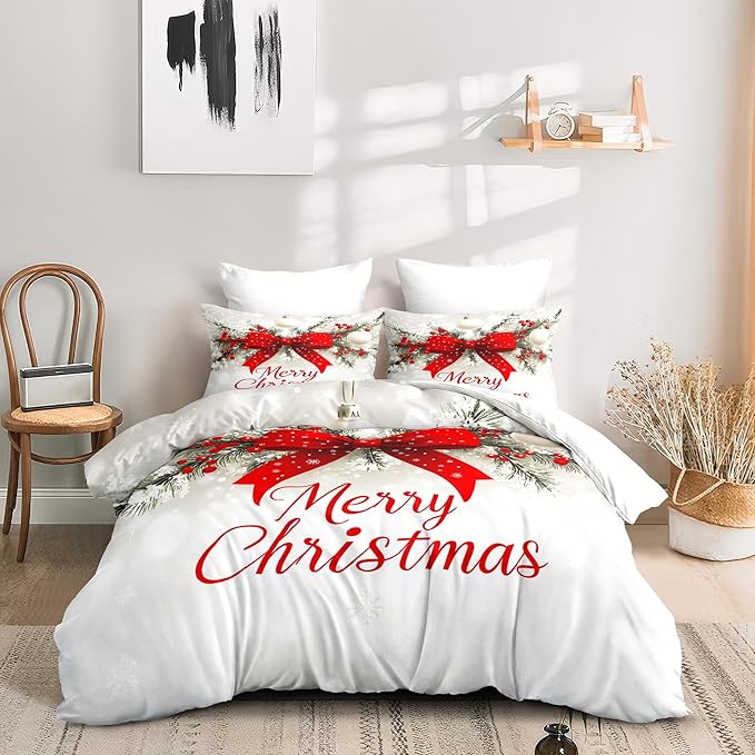 Christmas Duvet Cover Full Size Merry Christmas Bedding Set Kids Boys Girls Red Bow Pattern Comforter Cover 3 Pieces with Zipper Closure (No Comforter)