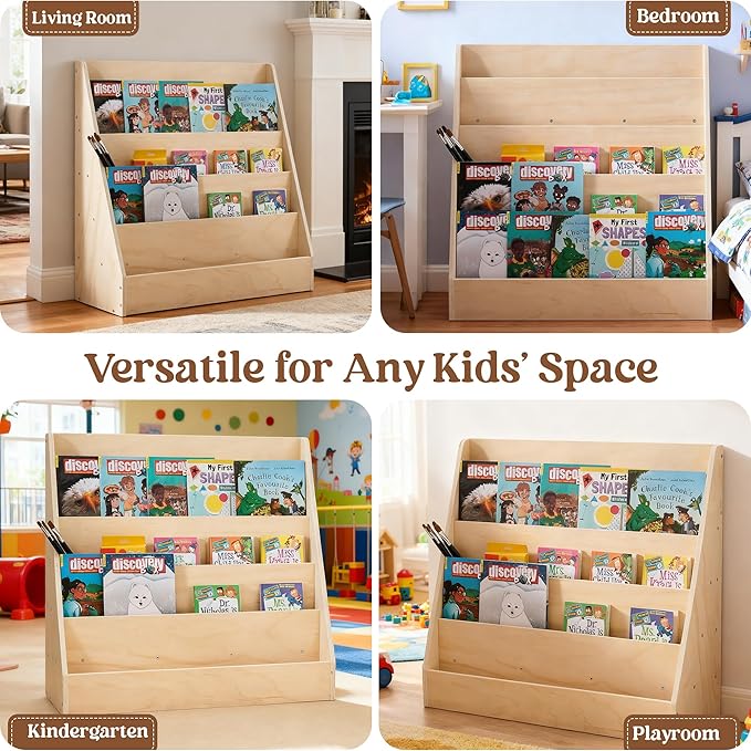 Montessori 5-Tier Kids Bookshelf, Wood Toddler Book Display Shelf & Baby Book Rack for Playroom, Nursery & Children's Room