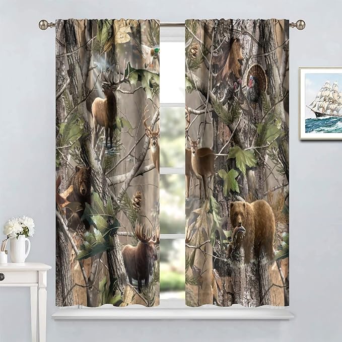 Retro Forest Window Curtains, Camouflage Hunting Tree Camo Rustic Deer Elk Bird Bear Blackout Rod Pocket Windows Door Curtain for Bedroom Living Room Home Decor 42x45in