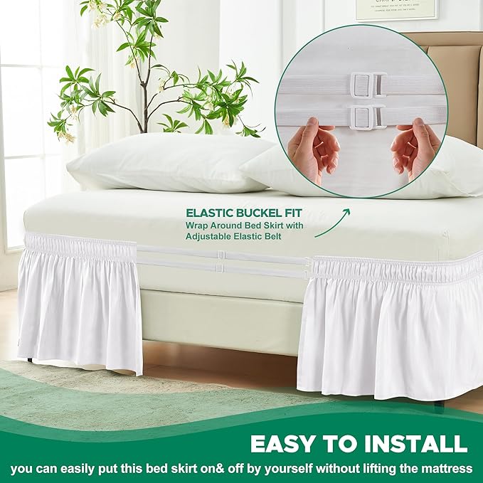 Biscaynebay Wrap Around Bed Skirts for King & Cal King Beds 17" Drop, White Adjustable Elastic Dust Ruffles Easy Fit Wrinkle & Fade Resistant Silky Luxurious Fabric Solid Machine Washable
