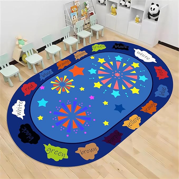 Kids Educational Rug, 5x6ft, Children's Area Rugs for Learning Colors and Shapes, Stars Firework Pattern Oval Rug for Classroom Playroom, Soft Non-Slip Blue Floor Mat for Boys Girls Bedroom