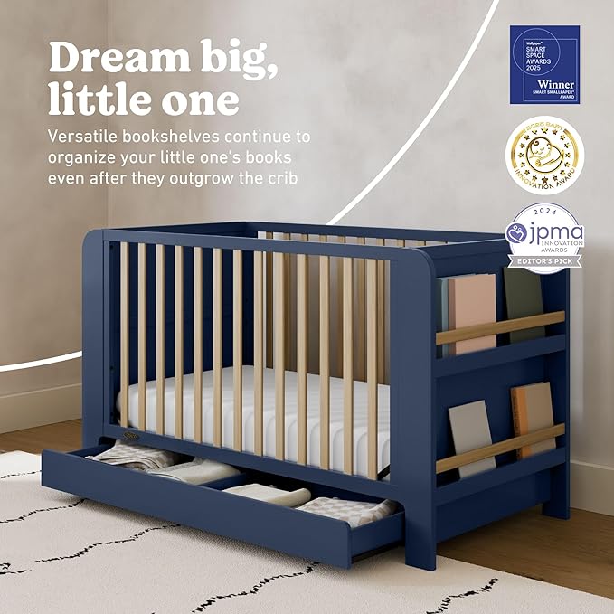 Graco Read-with-Me 4-in-1 Convertible Crib with Drawer (Midnight Blue with Driftwood) - GREENGUARD Gold Certified Converts to Toddler Bed, Daybed, and Functional Bookshelves