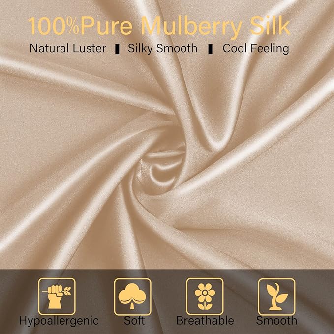 100% Mulberry Silk Pillowcase 2 Pack for Hair and Skin,with Hidden Zipper,Both Sides 22 Momme Natural Silk Pillow Cover,Soft Breathable & Smooth (Beige, Standard)