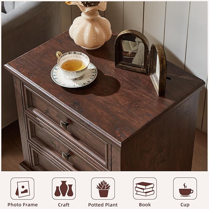 Farmhouse Bedroom Dresser and Nightstand Set of 4, 6 Drawer Low & 5 Drawers Dresser & 3 Drawer Nightstand Set with Wooden Legs, Rustic Wood Furniture for Bedroom, Hallway, Walnut
