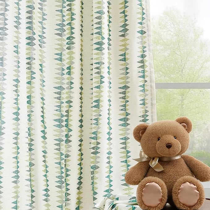 jinchan Linen Nursery Curtains for Living Room Boho Curtains for Bedroom Kids Room 96 Inches Long Geometric Printed Farmhouse Drapes Rod Pocket Window Treatment Curtain Set of 2 Panels Green