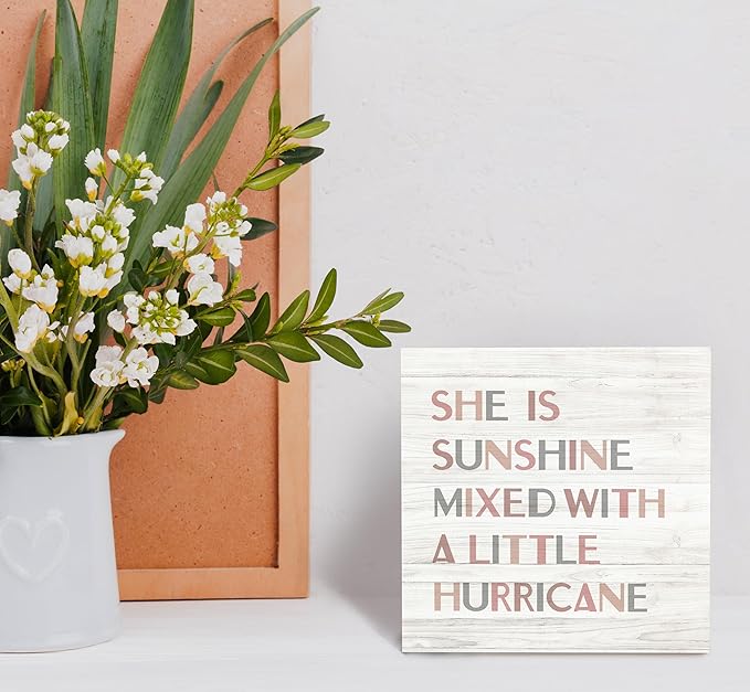 SRADMO She Is Sunshine Mixed with a Little Hurricane Boho Wood Box Sign Desk Decor, Girls Baby Inspirational Quotes Wooden Block Box Sign Decoration For Girls Room Shelf Table Nursery Playroom Decor
