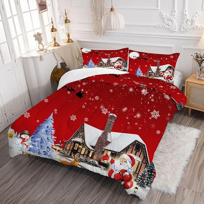 kxry Merry Christmas Bedding Set Santa Claus Deer Christmas Tree Snowman Comforter Quilt King Size for Girls Boys Kids 1 Comforter + 2 Pillow Cases