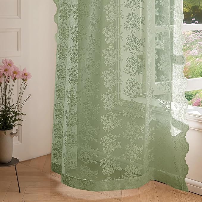 Anmao Vintage Sage Green Lace Curtains 63 Inches Long 2 Panels Sets, Romantic Light Filtering Semi Sheer Floral Thick Lacy Curtain Drapes for Living Room and Bedroom, Each Panel 55W x 63L, Sage Green
