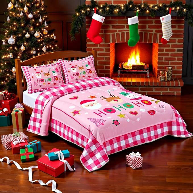 Merry Christmas Kids Comforter Set Twin Size,Cartoon Santa Claus Snowman Deer Bedding Set,Boys Girls Adults Room Decor,Geometric Grids Fashion Down Comforter,Pink Xmas Duvet Insert,1 Pillowcase