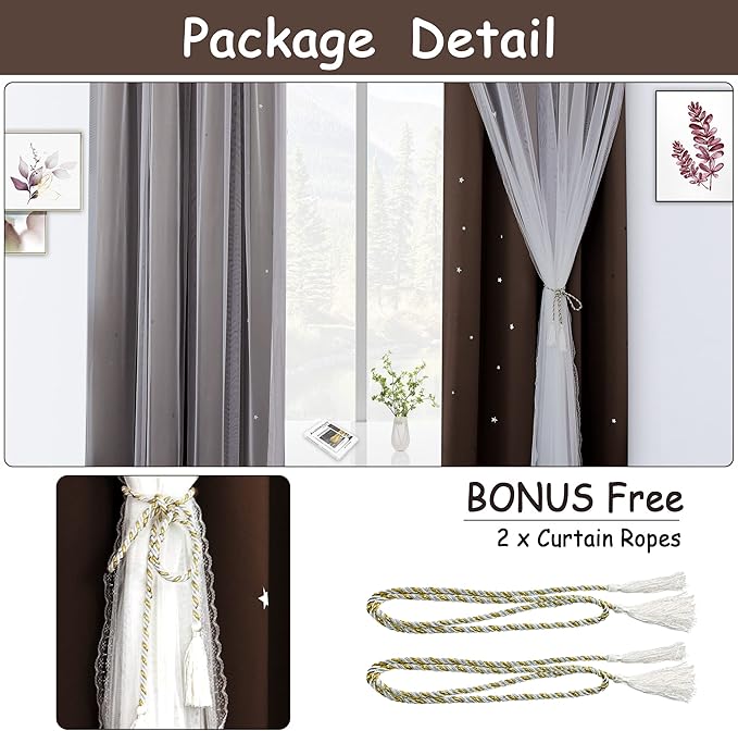 Kinryb Kids Blackout Curtains for Bedroom/Living Room/Classroom, Sheer Overlay Small 2 Panel Set, Double Layer Curtains with Star Cutout for Kids Room(W 52 x L 36 Inches,Chocolate 2 Pcs)