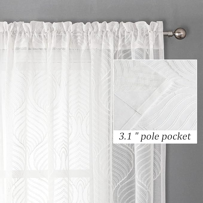 VISIONTEX White Sheer Curtains 63 Inch Length 2 Panels Set Moroccan Embroidery Texture Geometric Rod Pocket Ivory White Voile Tulle Semi Window Treatment Pair for Bedroom Living Room 54 x 63 Inches