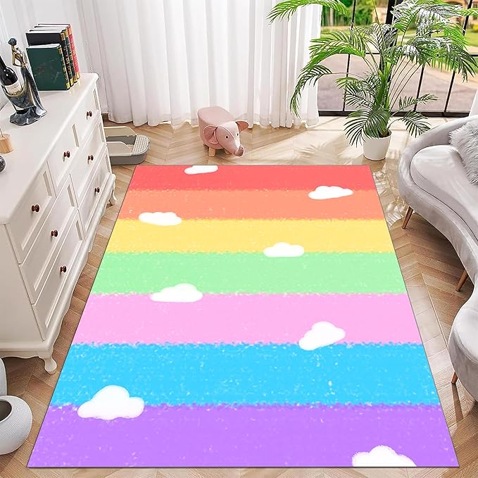 Soft Rainbow Area Rugs Girl's Bedroom Fluffy Colorful Rugs Cute Floor Mats Furry Children's Play Mats White Cloud Rainbow Prints Living Room Kids Room Nursery Home Decor 3x4ft