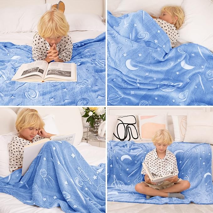 inhand Blue Space Toys Glow in the Dark Stars Blanket Birthday Gifts for Boys Cute Kids Blanket and Funny Space Planet Moon Galaxy Room Decor for Age 3 4 5 6 7 8 9 10 11 12 13 Year Old (50''x60''Blue)