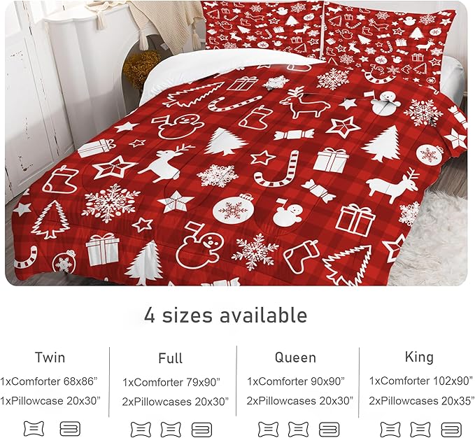 Christmas Plaid Comforter Set: Full Size Cartoon Red Xmas Bedding Sets for Teens Kids Women Christmas Tree Snowflakes Snowman Elk 3 Piece Quilt Bed Set 1 Comforter & 2 Pillowcases