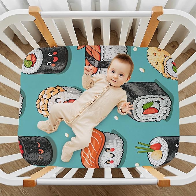 Crib Sheet, Unisex Crib Sheet, Soft and Comfortable for Standard Crib and Toddler Mattress, Cartoon Sushi Rolls