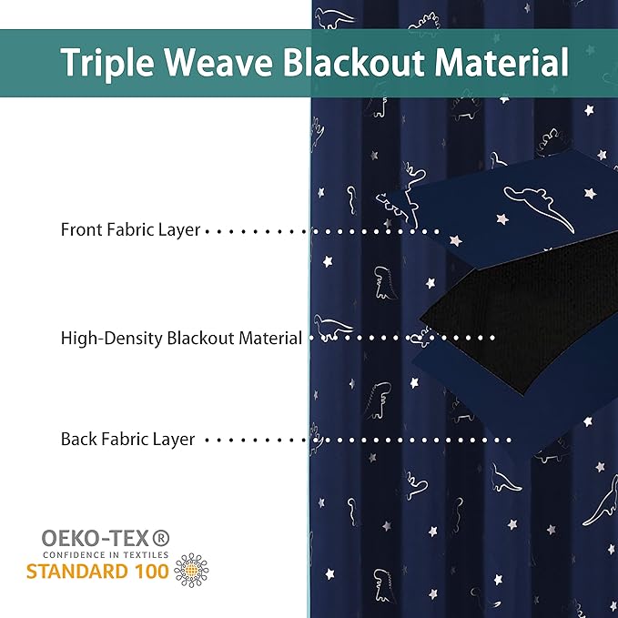 LORDTEX Dinosaur and Star Foil Print Blackout Curtains for Kids Room - Thermal Insulated Curtains Noise Reducing Window Drapes for Boys and Girls Bedroom, 52 x 45 Inch, Navy, Set of 2 Panels