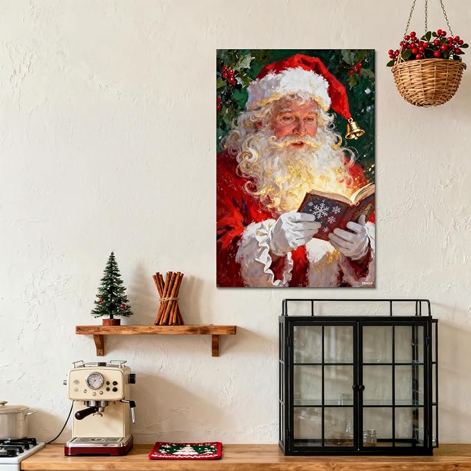 YONICA Christmas Canvas Wall Art Reading Santa 28x40 Inch Oil Painting with Glowing Book and Holly - Large Framed Gallery Wrapped Library Decor